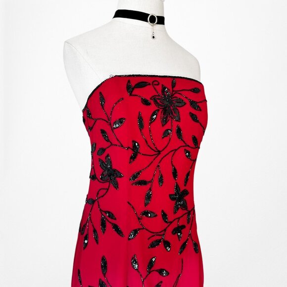 Vintage Y2K Red Black Floral Beaded Fit Flared Maxi Prom Dress Size L/XL - Picture 7 of 10